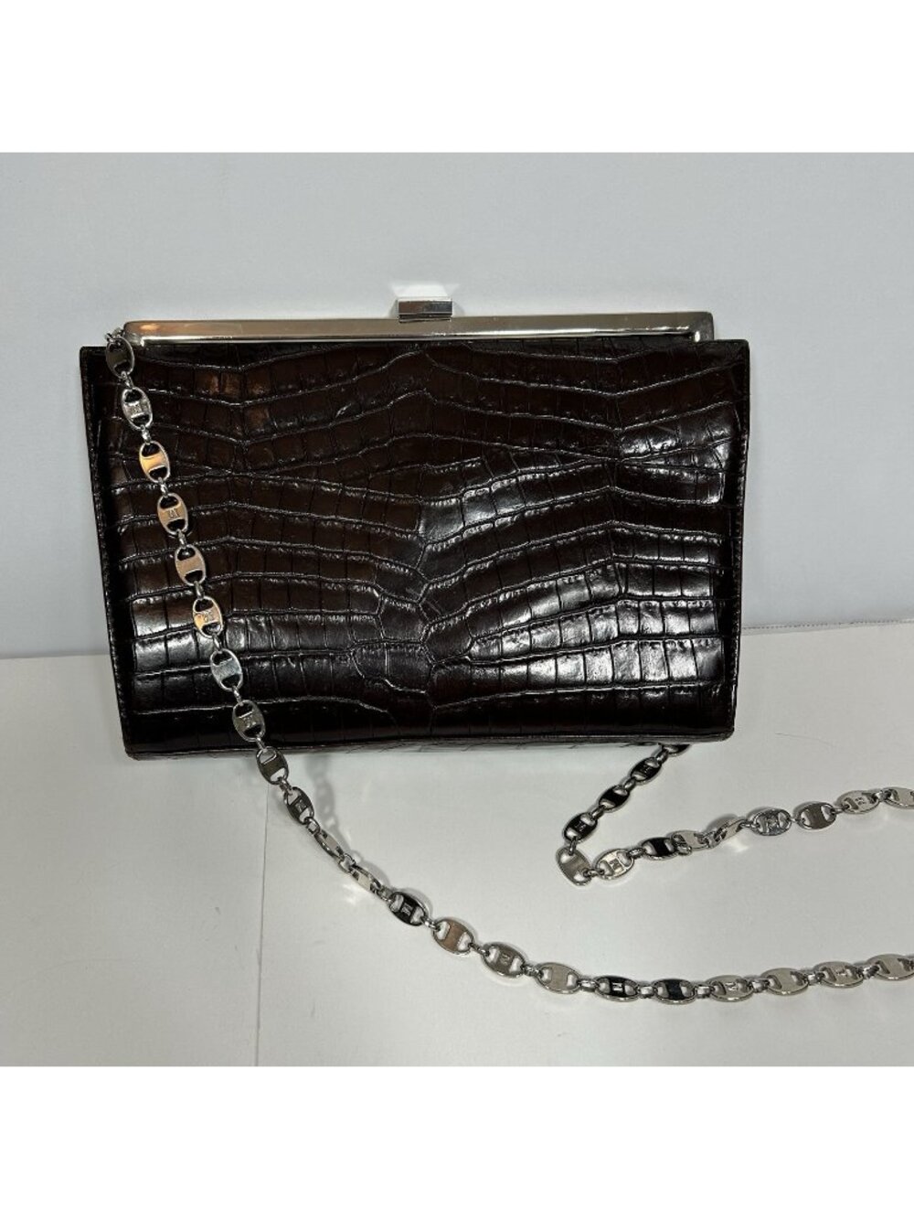 Vtg Bruno Magli Made in Italy Croc Leather Shoulder Brown Frame Bag Chain Strap
